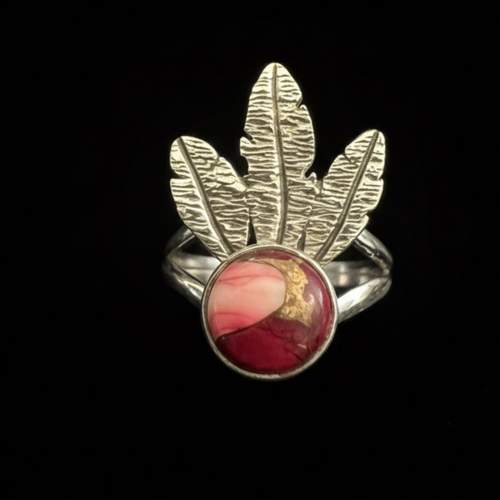 Sterling Silver and Red dahlia Leaf Design Ring‎